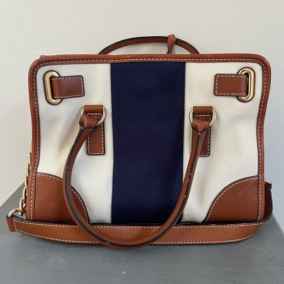 Michael Kors Hamilton Mono Stripe Canvas/Leather Satchel, Blue /White/ Brown - Picture 2 of 10